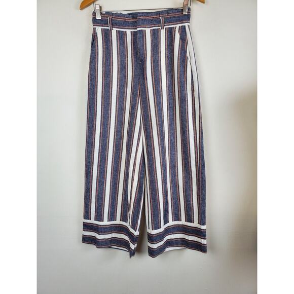 Banana Republic 0 Women LINEN Pants Wide Leg Crop High Rise Striped Blue - Picture 12 of 12